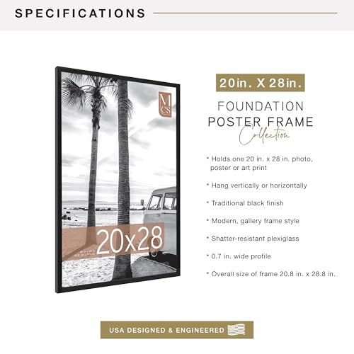 Image of MCS Foundation 20x28 Poster Frame Traditional Black, Vertical & Horizontal Wall Hanging Large Picture Frame for Photos, Posters & Art Prints (1-Pack)