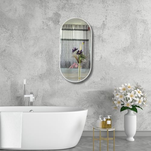 Image of Modern Elegance Capsule Shape Wall-Mounted Mirror Metal Framed Wall Mirror Bathroom Mirror Living Room Mirror Home Decor Mirror 24 x 48 Inches White MF 106