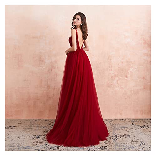 Damesjurken Diepe V-hals Side Split Lange Avondjurk Nieuwkomers Backless Sparkly High Slit Zie door trouwjurk HAKAESR (Color : Burgundy, US Size : 16W) - Image 3