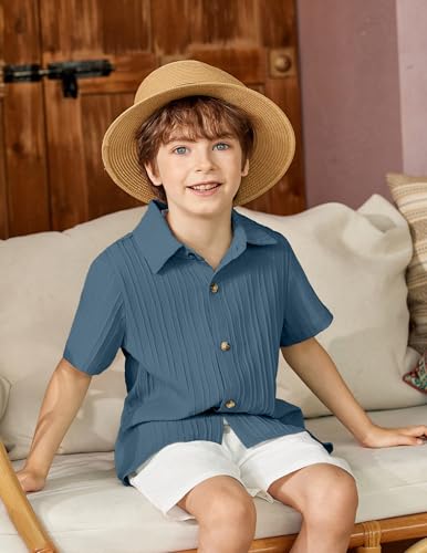 Image of Arshiner Boys Casual Short Sleeve Button Down Shirt Fashion Textured Summer Beach Shirt 3-13 Years Old