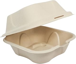 TO-SC-U15B 100% Compostable Unbleached Plant Fiber Burger Box Take Out Containers, 6" x 6" x 3" (Pack of 500)