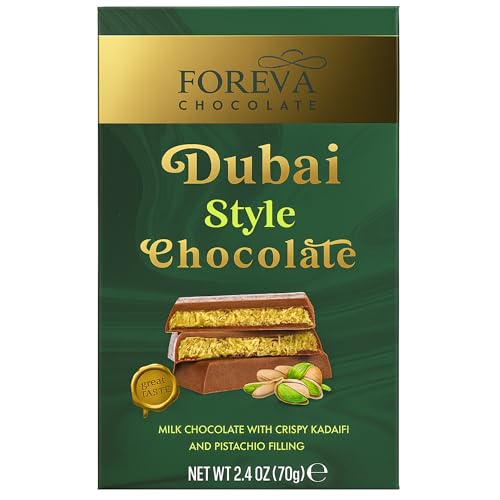NUEVA Tableta Chocolate Dubai Style Foreva 70g – Chocolate con Leche con Kadaif Crujiente & Crema de Pistacho – Receta Gourmanda inspirada en Dubai – Relleno Premium Pistacho Kadaif