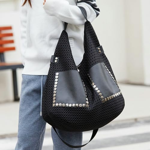 Mesh Bag for Women Punk Rivet Studded Purse Large Retro Shoulder Bags Hobo Tote Handbags Multi Pockets Summer 20252