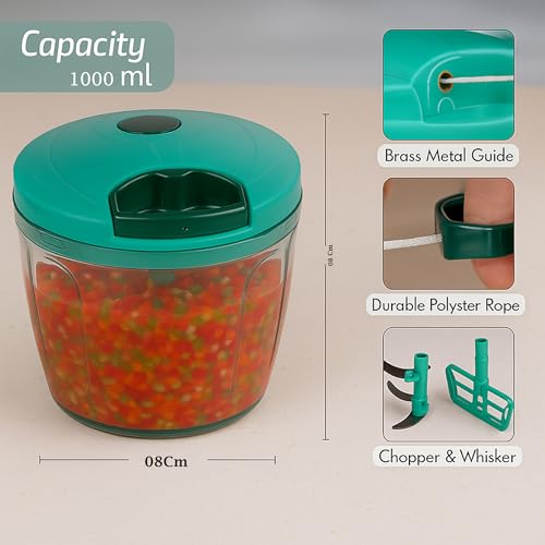 Image of Large Manual Food Chopper with Pull Cord, 5 Stainless Steel Blades - 1000ml Vegetable, Fruit & Onion Cutter (Green)
