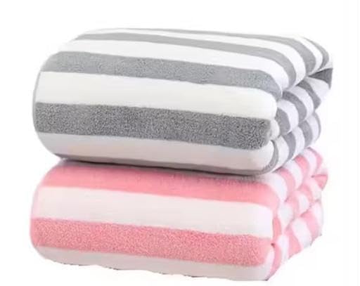 Image of Microfiber Towels for Bath-Stripes Bath Towel for Men and Women-Soft Coral Fleece Towel with Hook Quick Dry Super Absorbent-70 x 140 cm (multicolor Pack of 2)|KHO-P391