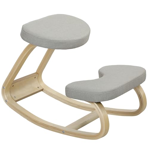 HOMCOM Silla de Rodillas con Movimiento de Balanceo, Silla Postural Ergonómica en Tela Efecto Lino y Madera de Abedul, 50x73x55 cm, Gris Claro