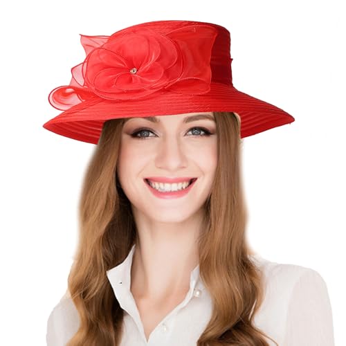 Wide Brim Red Derby Bucket Bowler Cloche Hat for Women Ladies with Floral