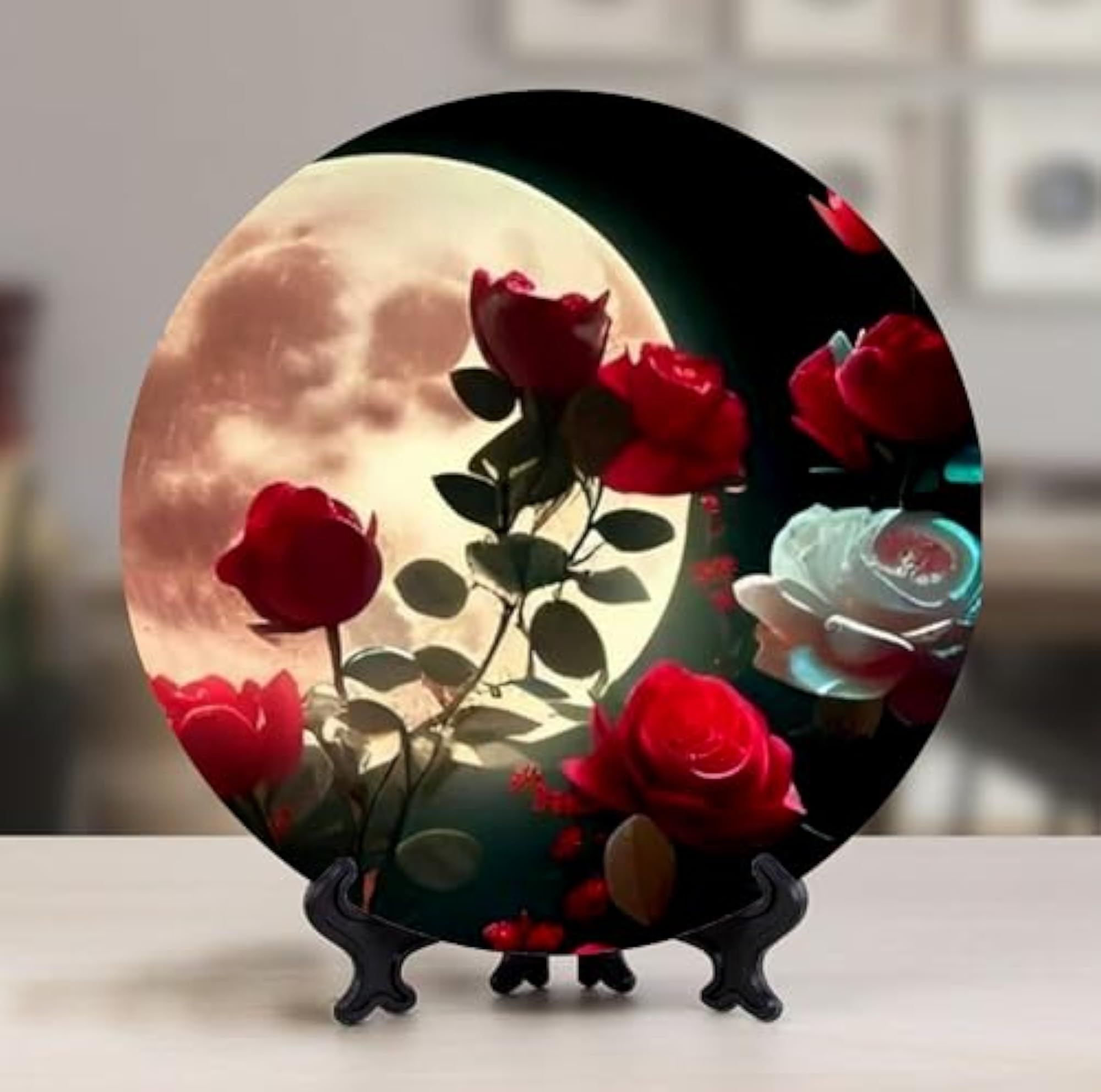 Gfylo Red & White Duel Rose Art Plate Decorative Ceramic Wall Hanging