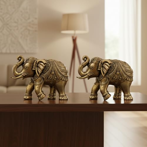 Image of eCraftIndia Set of 2 Brass Elephant Statue Decorative Showpiece Gift for Diwali Housewarming Birthday (1.75 inch)