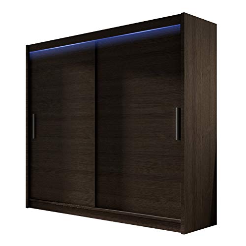 Preisvergleich Produktbild Kleiderschrank London I, Schwebetürenschrank, Schiebetürenschrank, Modernes Schlafzimmerschrank 180x215x57cm, Garderobe, Schlafzimmer (Choco, mit RGB LED Beleuchtung)