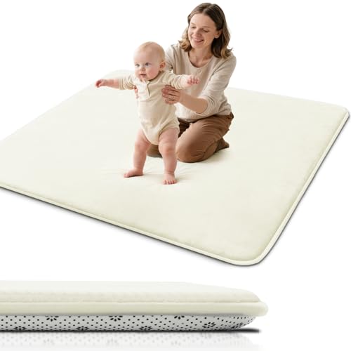Favodormir Dicke Spielmatte Baby 120×120×3cm,Beige Teppich für Kinderzimmer,Rutschfester Unterseite,Schaumfüllung Krabbelmatte mit Weicher Oberfläche, Pflegeleicht,Krabbeldecke für Laufgitter