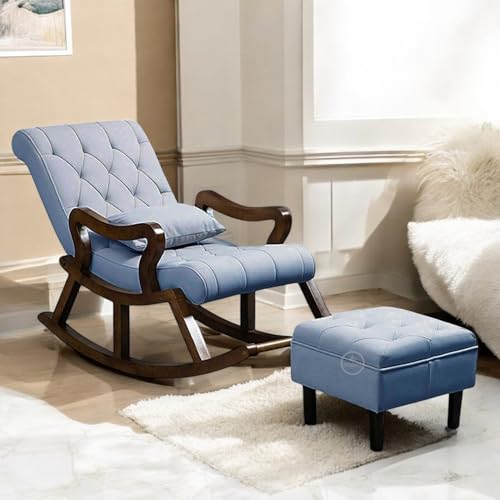 Image of Solid Sheesham Wood Rocking Chair for Living Room with Footrest and Pillow | Ergonomic Resting Chair with Ottoman for Relaxing and Pregnant Women (Lite Blue)