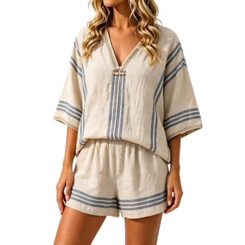 Pyjama 2 pièces femme ensemble haut boutonné et short tricot crochet F428