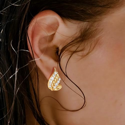 FETTERO Stud Earrings for Women - 14K Gold Plated CZ Hypoallergenic Earrings Studs Dainty Black CZ Leaf Gold Earrings for Women Trendy Statement Jewelry
