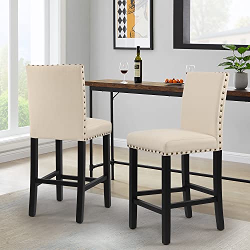 Dagonhil Modern 24 Inch Nail Head Counter Height Bar Stools With Black Wood Legs,Upholstered Bar Chair For Kitchen, Nailed Trim, Beige, Set Of 2 #TOP7