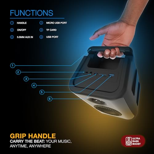 Image of Coby True Wireless Speaker, Portable Bluetooth Speaker with 6 Light Modes, FM Radio, and Handle, Easy Pairing, Rechargeable Battery, Micro USB and 3.5-Millimeter AUX Port, TF Card Reader, 10-Hour Play