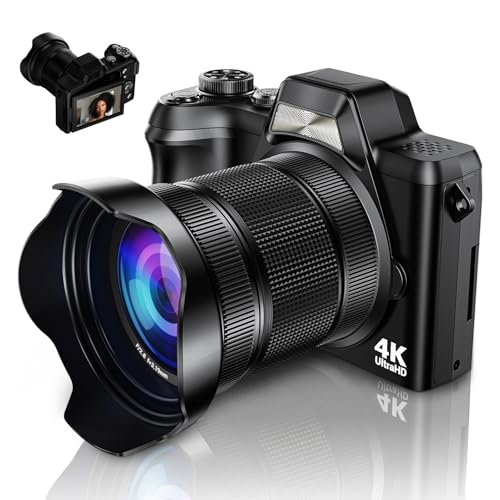 Image of 4K Digital Camera for Photography, 56MP Autofocus Vlogging Camera for YouTube Travel, 3 inch 180Flip Screen & Lens Hood 16X Zoom, 32GB SD Card for Teens & Beginners