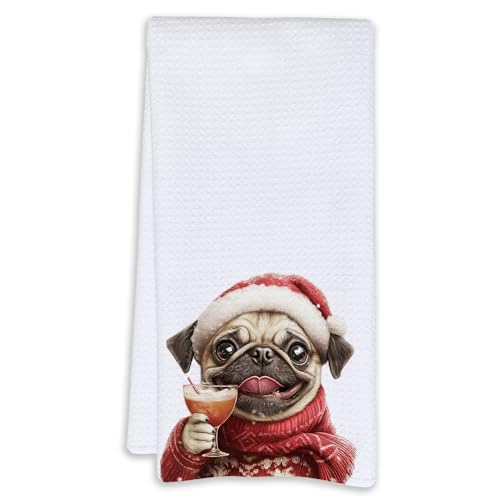 Cabana Bro Christmas Pug Kitchen Towels, Christmas Funny Pug Gifts for Women, Pugs Hand Towels for Kitchen Decor, Funny Dogs Dish Towel for Bathroom Washroom Decor, 16x24 Inch