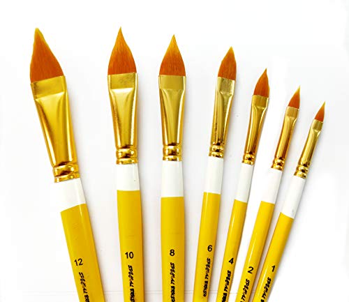 Image of Definite Wooden Yellow Handle Paint Brush Sets for Beginners & Intermediate (Indian Brushes) (Taklon Bristles, Cat Tongue)
