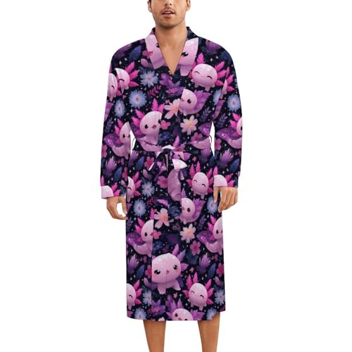 Robe de nuit en soie unisexe | Kimono imprimé axolotl rose avec ceinture à nouer