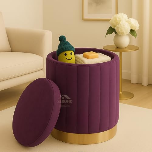 Image of Ottoman Sitting Stool with Storage, Round Dutch Velvet Cover Memory Foam Padded 32L Capacity Ottoman Bench Footrest, Pouffe, Office Stool, Makeup Chair, Vanity Chair for Living Room, Bedroom