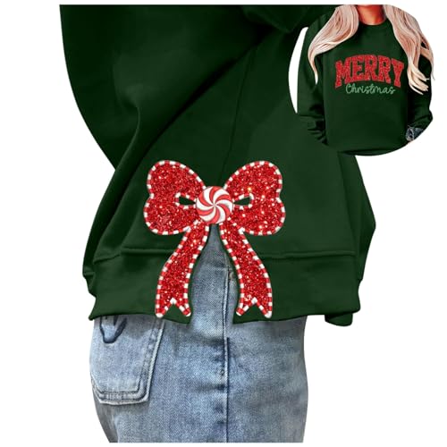 Generisch Sudadera de Navidad para mujer con lazos laterales, apliques, talla grande, cuello redondo, manga larga, jersey de invierno, moda navideña festiva, Verde oscuro., S