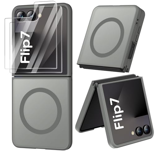 Image of ORETECH Magnetic for Samsung Galaxy Z Flip 7 Case, with [2 x Screen Protector] Translucent Back Non-Slip Hard PC Shockproof Bumper Protective Case for Samsung Z Flip 7 - Grey