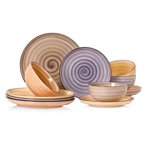 Image of Selamica Ceramic Plates and Bowls Sets,12 Pieces Dinnerware Sets for 4,Scratch Resistant Dish Set,Dishwasher & Microwave Safe, Maillard