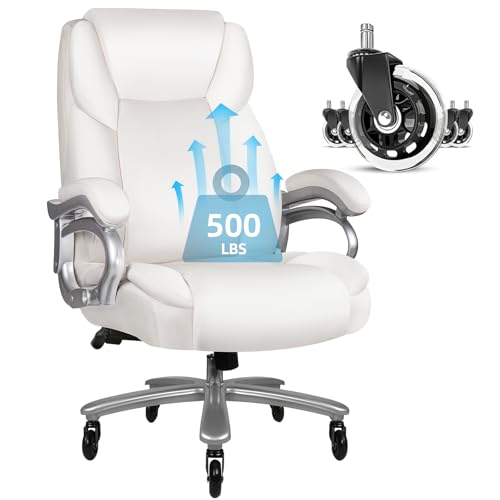 VITESSE 500lbs Heavy Duty Office Chair for Low Back Pain Relief, Big and Tall Office Chair with Ergonomic Lumbar Support, High Back Executive Chair with Quiet Rubber Wheel(White)