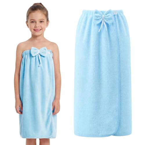 Vinsatin Girls Bath Towel Wrap Dress with Cute Bowknot for 3.9-4.9ft Kids Spa Robe Absorbent Shower Wrap for Beach Bathroom(Blue)