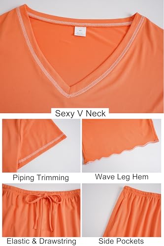 Image of Vozanet Women's Plus Size Pajama Sets Short Sleeve Long Pants Solid Color with Piping Trim Elegant Loungewear Cozy Sleepwear