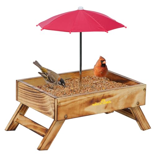 Ground Bird Feeder for Outdoors Bird&Squirrel Feeder Wooden Chicken Picnic Table Platform Feeder Wild Bird Feed Crow Feeder for Outside with 5 LBS Capacity (Brown)
