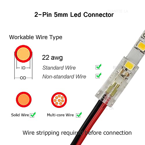 Masterwon 2-Pin 5mm LED Light Strip Connectors Unwired Clips DIY Strip to Wire Solderless Adapter Terminal Extension Connection for 12v 24v Single Colour COB LED Strip Lights - Image 3