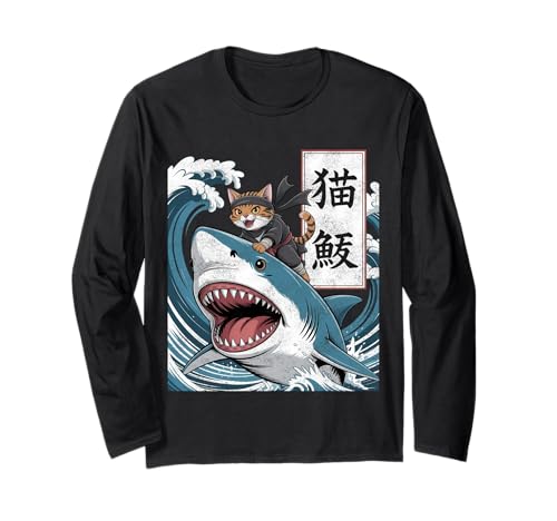 Japanese Ninja Samurai Cat Riding Shark Retro Distressed Maglia a Manica