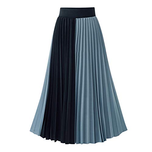 Women's Skirts High Elastic Waist Swing A-Line Midi Skirt Pockets Skater Flared Chiffon Boho Pleated Skirts for Women (Blue)