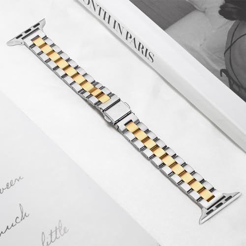 Image of Melyis Slim Metal Band Compatible with Apple Watch Bands for Women 42mm 40mm 41mm 38mm, Premium Stainless Steel Classic iWatch Bands for Apple Watch Band Series 1110 9 SE 8 7 6 5 4 3 2 1-Gold and Silver