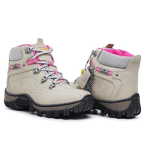 Bota Feminina Para Trabalho Passeio Trilha Em Couro Legitimo Conforto (Cinza-rosa, BR, Adulto, Numér