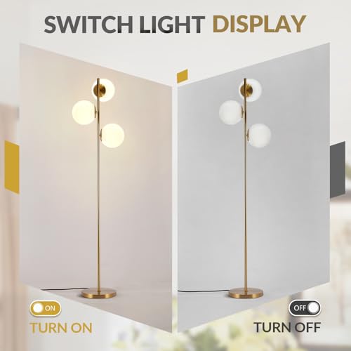 Image of BOKT Modern Gold Floor Lamps Mid Century 3-Light Globe Standing Lamp Tall Pole Floor Light with Frosted Glass Contemporary Adjustable Floor Lamp for Living Room Reading Bedroom