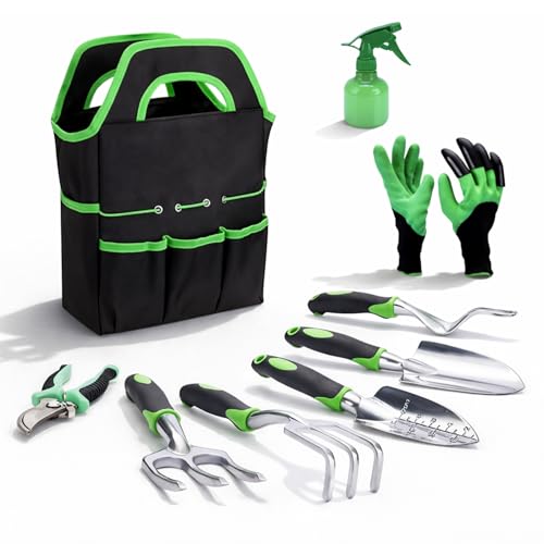 Image of Kraft Seeds Premium Gardening Tools Kit for Home Garden - Hand Trowel, Transplanting Trowel, Hand Cultivator Fork, Weeder, Rake, Pruning Shear, Spray Bottle, Carry Bag, Claw Gloves