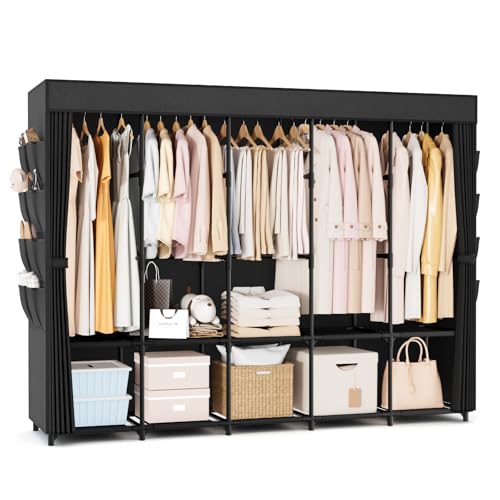 Vicye Kleiderschrank, Stoffschrank 210x44x160cm, Faltbarer Kleiderschrank mit 5 Kleiderstangen Stabil und 8 Seitentaschen, Mobiler Stoffkleiderschrank...