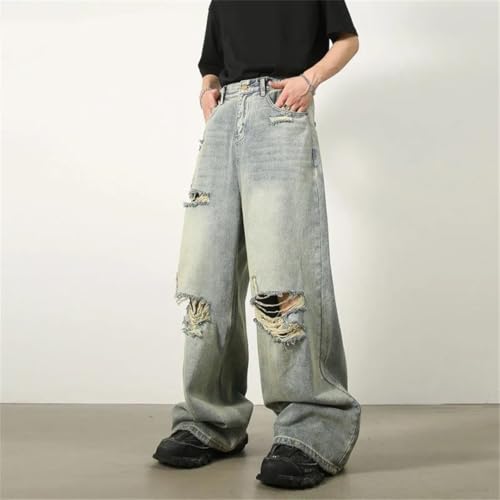 Men Blue Baggy Jeans High End Wide Leg Pants Soft Denim Streetwear Trousers Loose Ripped Jeans2