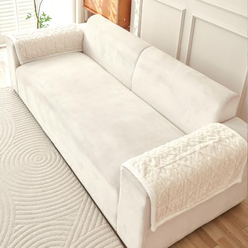 Image of HOKIPO 'Italian Caelora' Luxury Jacquard Plush Anti-Slip Sofa Armrest Covers | 1 Pair - Pearl White (AR-5953-WHT*2)
