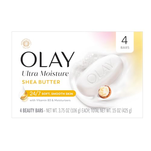 Olay Beauty Bar, Ultra Moisture,10x More Moisturizers, 24/7 Soft &amp; Smooth Skin, Gentle Cleanse on Face &amp; Body, Vitamin B3 Complex, For All Skin Types, Shea Butter Scent, 3.75 oz, (4 Count)