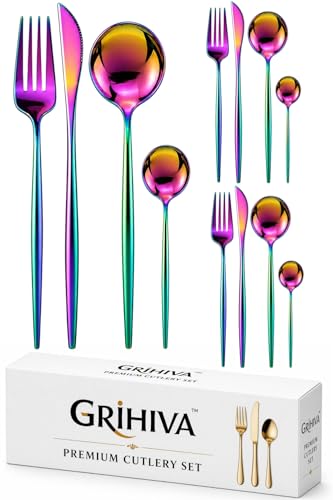 Image of 12 Pcs Rainbow Slim Handle Stainless Steel Cutlery Set for Dining Table with Spoons and Forks Set + Butterknives - The Perfect Tableware /Flatware