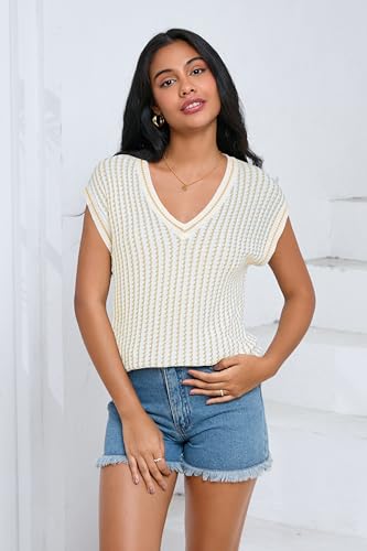Image of SAUKOLE Summer Crochet Tops for Women Fashion Striped Casual Cap Sleeve Shirts Loose Knit Sweater Vest