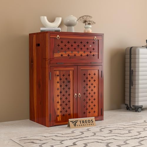 Image of Solid Sheesham Wood Inverter Cabinet | Rosewood Inverter Stand with Ventilated Doors & Foldable Front Panel | Multipurpose Storage Cabinet for Home & Office (Honey Finish)