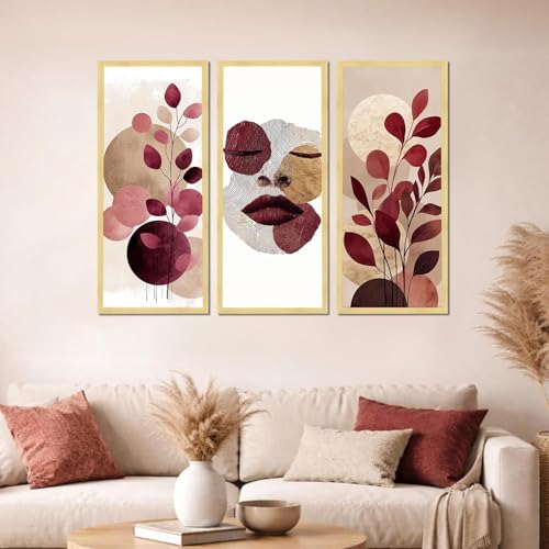 Image of PAINTINGMANTRA Abstract Botanical & Face Framed Wall Art Set of 3 | Modern Boho Wall Decor | Engineered Wood Frame Prints for Living Room, Bedroom & Office, 8.9x18.9 Inch