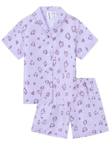 Ewbob Girls Pyjamas Set Short Sleeve Button Down kids pjs Soft And Breathable Adorable Loungewear Ages 5-14C34-Purple heart-9-10Y