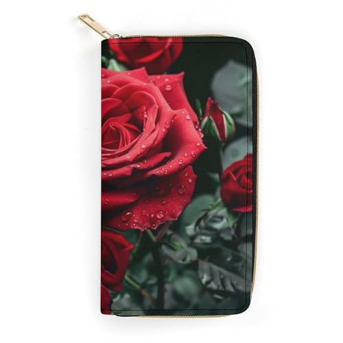 Red Rose Print Long Wallet for Women Men PU Leather Card Holder Organizer with Zipper Coin Pocket & Cash Slots