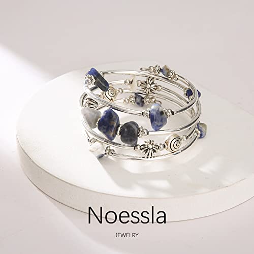 Noessla Stone Silver Bangle Wrap Bracelet Boho Turquoise Crystal Chips Bead Bracelets Fashion Jewelry Birthday Gifts For Women(19-Blue) #TOP1